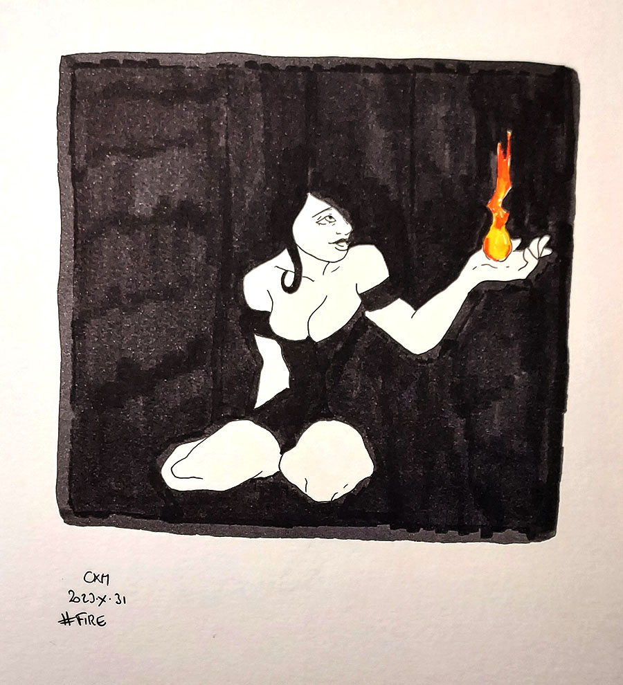 Une sorcière dans la pénombre tient dans sa main une flamme