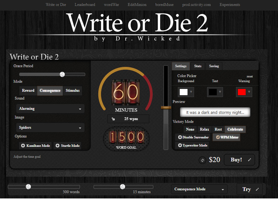 La homepage de la v2 de Write or Die